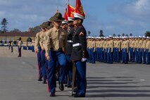 U.S. Marine Corps drill instructors with Mike Company, 3rd Recruit Training Battalion, participate in a graduation ceremony at Marine Corps Recruit Depot San Diego, California, Nov. 15, 2024. Graduation took place at the completion of the 13-week transformation, which included training for drill, marksmanship, basic combat skills, and Marine Corps customs and traditions. (U.S. Marine Corps photo by Lance Cpl. Jacob B. Hutchinson)