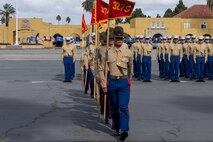 U.S. Marine Corps drill instructors with Mike Company, 3rd Recruit Training Battalion, participate in a graduation ceremony at Marine Corps Recruit Depot San Diego, California, Nov. 15, 2024. Graduation took place at the completion of the 13-week transformation, which included training for drill, marksmanship, basic combat skills, and Marine Corps customs and traditions. (U.S. Marine Corps photo by Lance Cpl. Jacob B. Hutchinson)