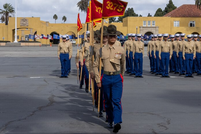 U.S. Marine Corps drill instructors with Mike Company, 3rd Recruit Training Battalion, participate in a graduation ceremony at Marine Corps Recruit Depot San Diego, California, Nov. 15, 2024. Graduation took place at the completion of the 13-week transformation, which included training for drill, marksmanship, basic combat skills, and Marine Corps customs and traditions. (U.S. Marine Corps photo by Lance Cpl. Jacob B. Hutchinson)