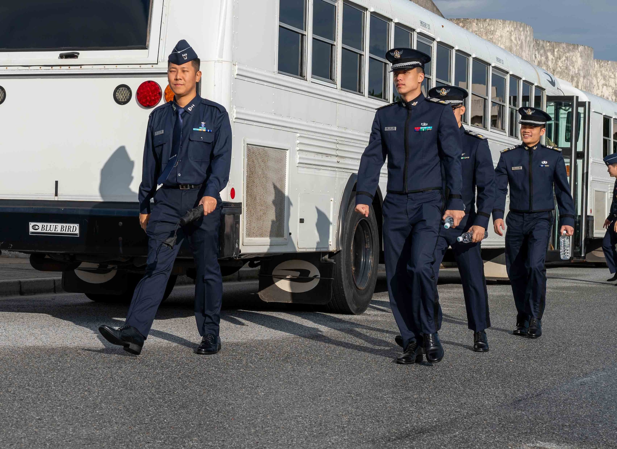 Republic of Korea Air Force Academy students board buses for a tour of Kadena Air Base, Japan, Nov. 21, 2024.