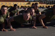 The new U.S. Marines of Alpha Company, 1st Recruit Training Battalion, execute dynamic warm-ups prior to the company motivational run at Marine Corps Recruit Depot San Diego, California, Nov. 21, 2024. The company motivational run is a three-mile cadence run conducted around the Depot and is the last physical training event the Marines will conduct before they graduate from MCRD San Diego. The event is also the first-time friends and families will see their newly transformed Marines. (U.S. Marine Corps photo by Lance Cpl. Jacob Hutchinson)