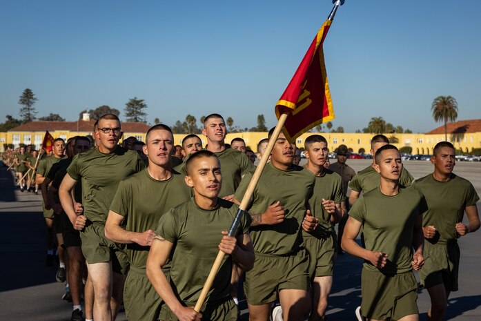 The new U.S. Marines of Alpha Company, 1st Recruit Training Battalion, participate in a motivational run at Marine Corps Recruit Depot San Diego, California, Nov. 21, 2024. The company motivational run is a three-mile cadence run conducted around the Depot and is the last physical training event the Marines will conduct before they graduate from MCRD San Diego. The event is also the first-time friends and families will see their newly transformed Marines. (U.S. Marine Corps photo by Lance Cpl. Jacob Hutchinson)