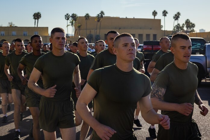 The new U.S. Marines of Alpha Company, 1st Recruit Training Battalion, participate in a motivational run at Marine Corps Recruit Depot San Diego, California, Nov. 21, 2024. The company motivational run is a three-mile cadence run conducted around the Depot and is the last physical training event the Marines will conduct before they graduate from MCRD San Diego. The event is also the first-time friends and families will see their newly transformed Marines. (U.S. Marine Corps photo by Lance Cpl. Jacob Hutchinson)