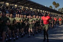 The U.S. Marines of Alpha Company, 1st Recruit Training Battalion, participate in a motivational run at Marine Corps Recruit Depot San Diego, California, Nov. 21, 2024. The company motivational run is a three-mile cadence run conducted around the Depot and is the last physical training event the Marines will conduct before they graduate from MCRD San Diego. The event is also the first-time friends and families will see their newly transformed Marines. (U.S. Marine Corps photo by Lance Cpl. Jacob Hutchinson)