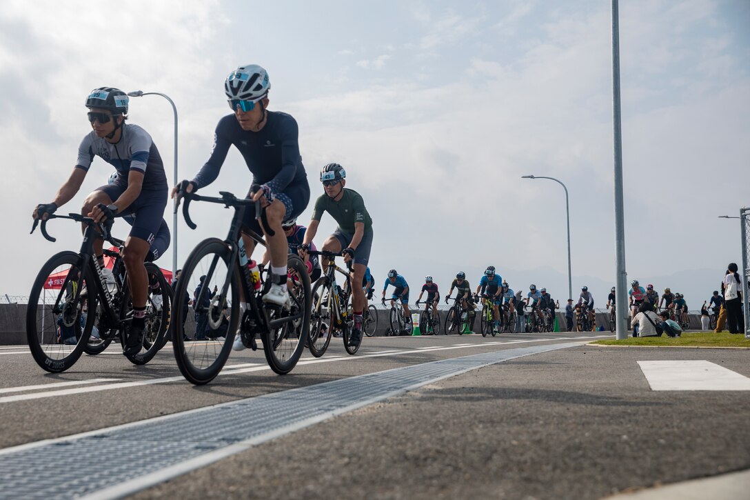 Participants begin the second annual Tour de Flightline event at Marine Corps Air Station Iwakuni, Japan, Nov. 17, 2024. The annual Tour de Flightline was the first cycling competition to take place on the MCAS Iwakuni runway and was open to both on-base and off-base participants as a way to improve relations through friendly competition. (U.S. Marine Corps photo by Lance Cpl. Dahkareo Pritchett)