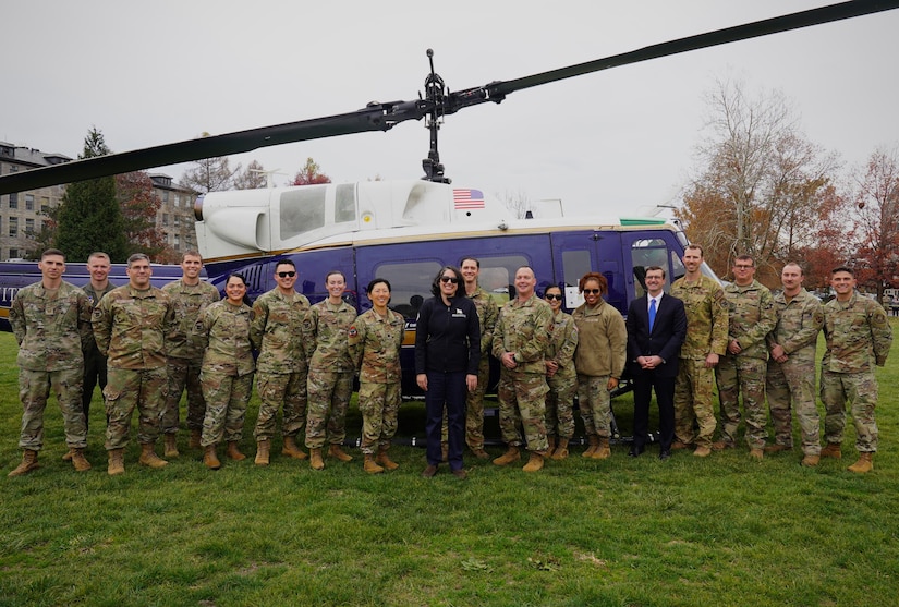 Under Secretary of the Air Force Melissa Dalton and her staff pose for a group photo alongside Air Force Reserve Officer Training Corps Detachment 875 cadre members Nov. 19, 2024, on the Virginia Tech Drillfield, Blacksburg, Va. (Photo by Cadet Vanessa Barsoom)