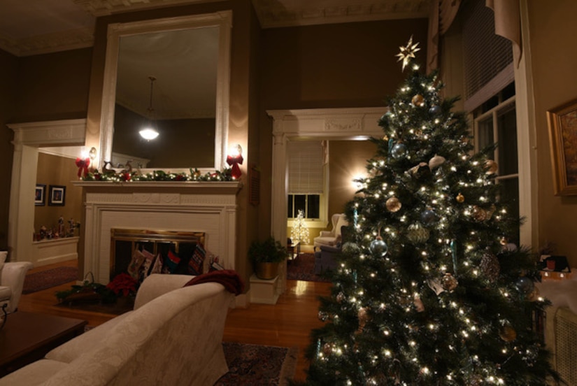 A decorated Christmas tree stands in a living room.