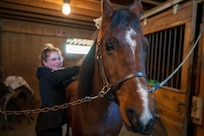 Photo of U.S. Air Force Senior Airman Analie Choquette, a Transportation Movement Operations Specialist assigned to the 158th Fighter Wing, preparing her horse, Prada, for a ride at a barn in Orange, Vermont, Nov. 17, 2024.