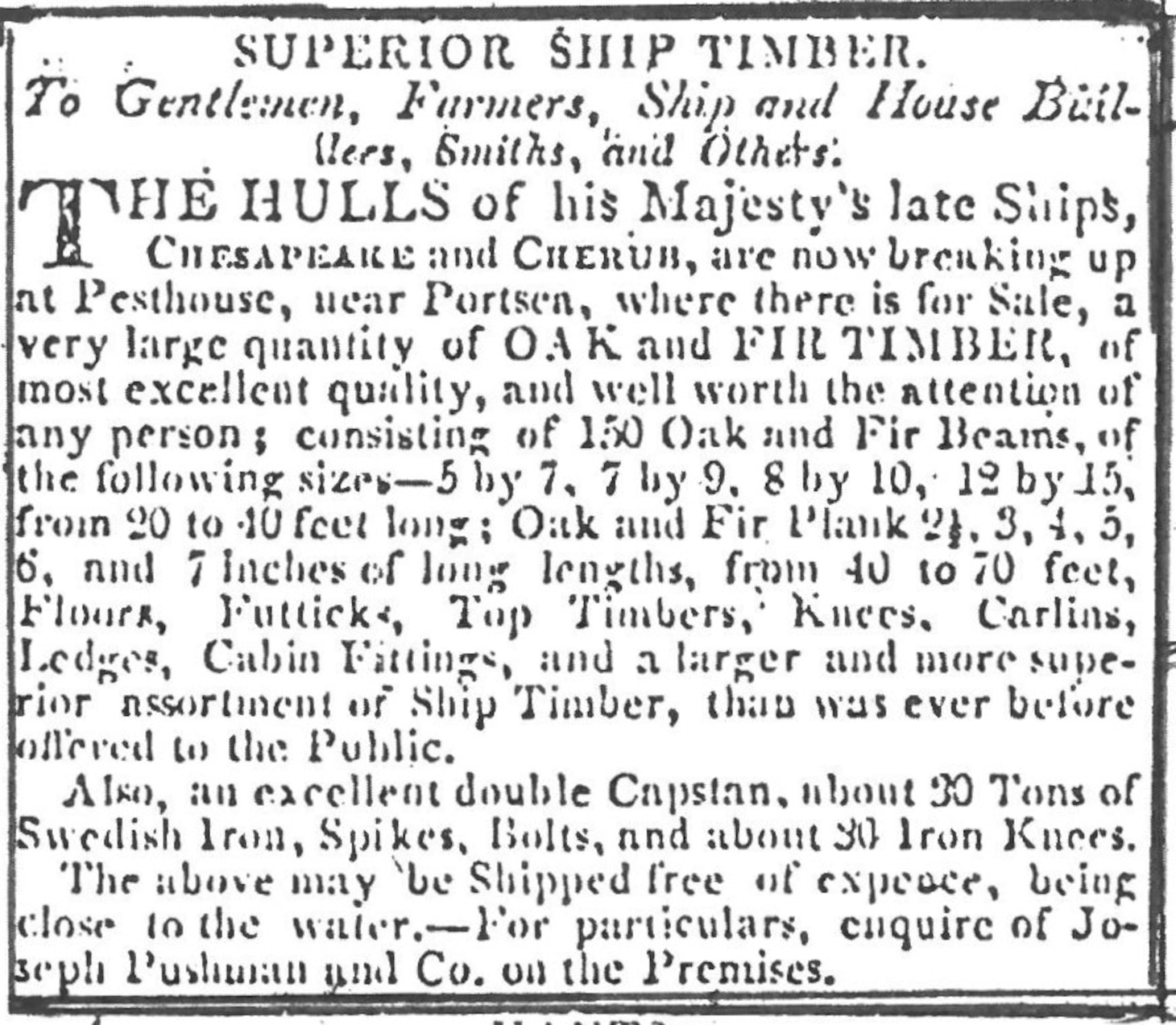 “Superior Ship Timbers” announcing the sale ship parts from USS/HMS Chesapeake Hampshire Telegraph and Sussex Chronicle, 17 April 1819