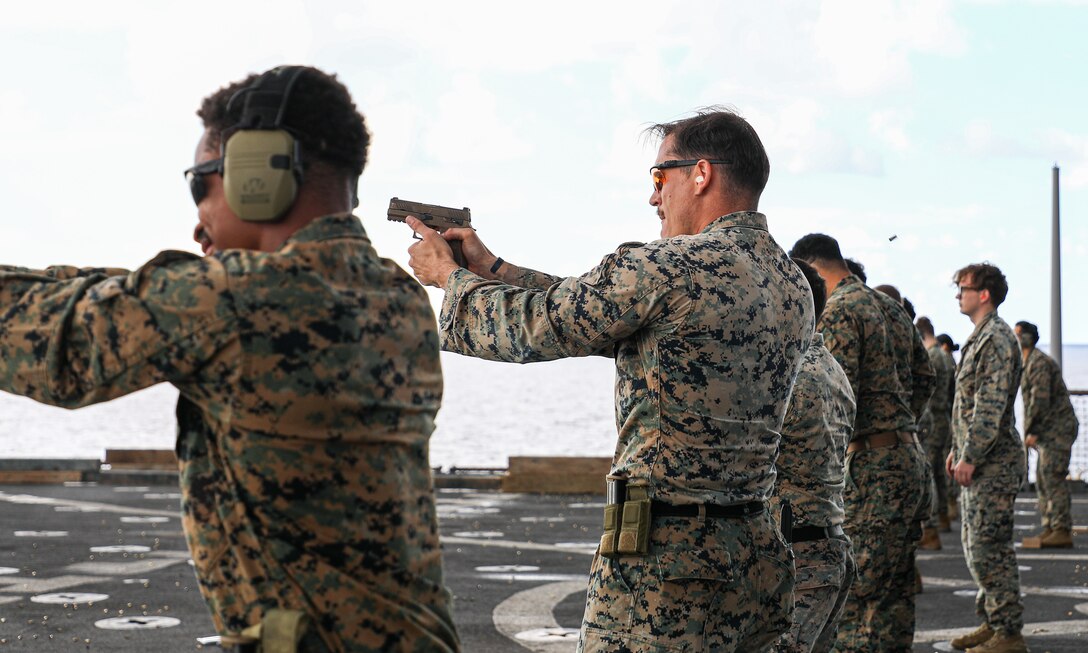 U.S. Marine Corps Master Sgt. Forrest Valdez, operations chief, Combat Logistic Battalion 24, 24th Marine Expeditionary Unit (MEU) Special Operations Capable (SOC), participates in small arms qualification aboard the Harpers Ferry-class dock landing ship USS Oak Hill (LSD 51), while underway in the Mediterranean Sea, Nov. 14, 2024. The 24th MEU (SOC) and Wasp Amphibious Ready Group are on a scheduled deployment to U.S. Naval Forced Europe and Africa area of operations to support U.S., Allied and partner interests in the region, including in the Eastern Mediterranean Sea. Routine training exercises ensure that we, alongside our Allies and partners, are postured and ready to respond rapidly and effectively to any mission. (U.S. Marine Corps photo by Sgt. Jacqueline Peguero-Montes)
