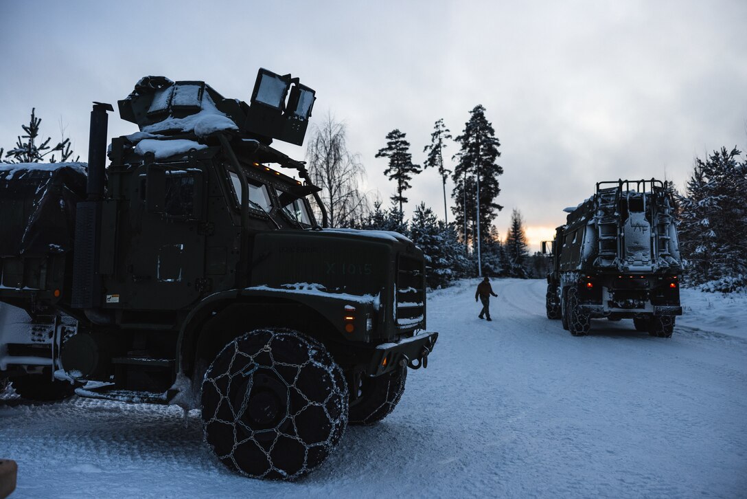 U.S. Marines stage vehicles during Exercise Freezing Winds 24 in Pahkajarvi, Finland, Nov. 24, 2024. Freezing Winds is an annual Finnish-led maritime exercise involving U.S. Marines assigned to Marine Rotational Force – Europe and serves as a venue to increase Finnish Naval readiness and interoperability between NATO partners and allies in and around the Baltic Sea. (U.S. Marine Corps photo by Cpl. Meshaq Hylton)