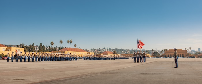 U.S. Marines with Alpha Company, 1st Recruit Training Battalion, stand in formation during a graduation ceremony at Marine Corps Recruit Depot San Diego, California, Nov. 22, 2024. This ceremony marked the end of a 13-week transformation that included training in drill, marksmanship, basic combat skills, and Marine Corps customs and traditions. (U.S. Marine Corps photo by Lance Cpl. Janell B. Alvarez)
