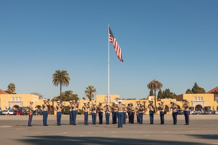 U.S. Marines with Marine Band San Diego, perform at a graduation ceremony for Alpha Company, 1st Recruit Training Battalion, graduation ceremony at MCRD San Diego, California, Nov. 22, 2024. This ceremony marked the end of a 13-week transformation that included training in drill, marksmanship, basic combat skills, and Marine Corps customs and traditions. (U.S. Marine Corps photo by Lance Cpl. Janell B. Alvarez)