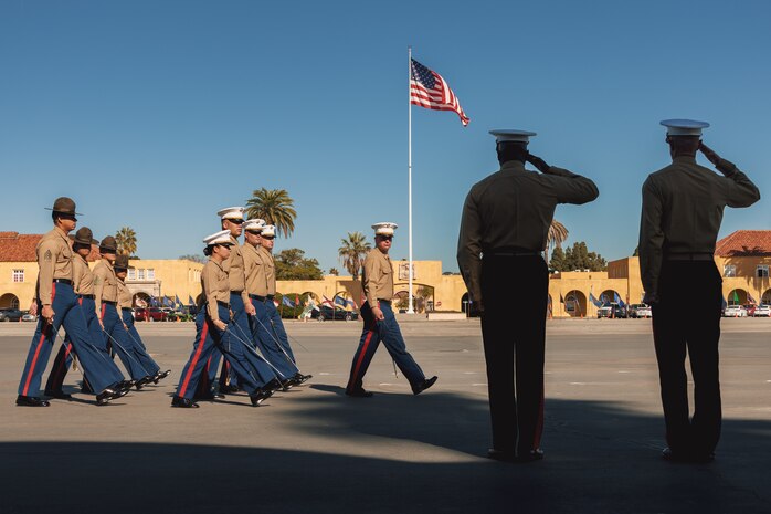 The Commanding General, Marine Corps Recruit Depot San Diego and Western Recruiting Region, U.S. Marine Corps Brig. Gen. James A. Ryans II, center and the Commanding General of 4th Marine Division, Brig. Gen. John K. Jarrard, right, return a salute to the staff and drill instructors with Alpha Company, 1st Recruit Training Battalion, during a graduation ceremony at Marine Corps Recruit Depot San Diego, California, Nov. 22, 2024. This ceremony marked the end of a 13-week transformation that included training in drill, marksmanship, basic combat skills, and Marine Corps customs and traditions. (U.S. Marine Corps photo by Lance Cpl. Janell B. Alvarez)