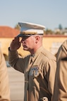 The Company Commander for Alpha Company, 1st Recruit Training Battalion, U.S. Marine Corps Capt. Tyler L. Haigh, receives permission to dismiss the staff during a graduation ceremony at Marine Corps Recruit Depot San Diego, California, Nov. 22, 2024. This ceremony marked the end of a 13-week transformation that included training in drill, marksmanship, basic combat skills, and Marine Corps customs and traditions. (U.S. Marine Corps photo by Lance Cpl. Janell B. Alvarez)