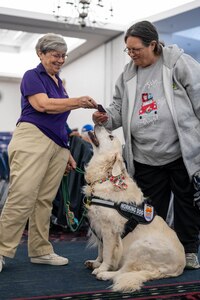 An attendee receives a business card during the 36th annual Retiree Appreciation Day event on Scott Air Force Base, Illinois, Nov. 23, 2024. Over 20 booths provided information to attendants about a variety of services available to retirees and dependents. (U.S. Air Force photo by Staff. Sgt. Stephanie Henry)