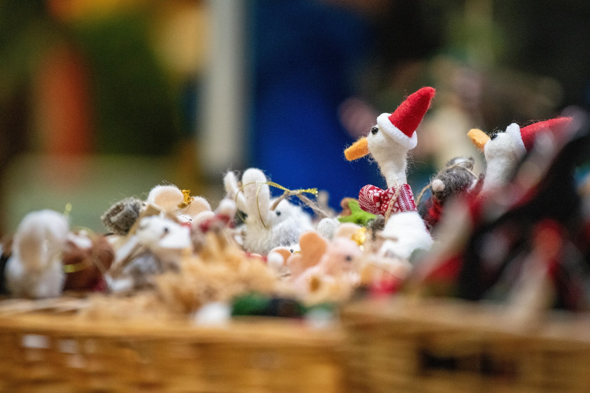 Christmas ornaments are displayed at a holiday market