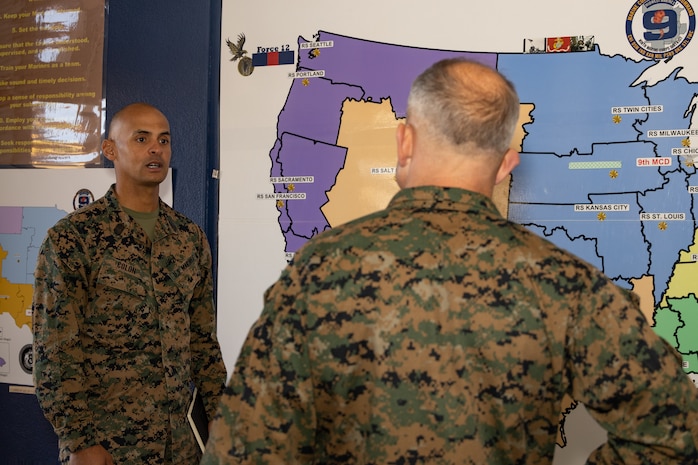 U.S Marine Corps Sgt. Maj. Antonio J. Colon, left, Sgt. Maj. of Recruiting School, Marine Corps Recruiting Command, speaks to Maj. Gen. James B. Wellons, commanding general of 3rd Marine Aircraft Wing during a visit at Marine Corps Recruit Depot San Diego and Western Recruiting Region, California, Nov. 18, 2024. Wellons and his staff visited MCRD San Diego to observe training and learn how MCRD-SD and WRR operates. (U.S. Marine Corps photo by Lance Cpl. Janell B. Alvarez)