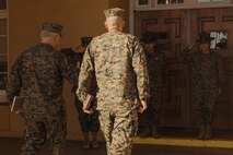 U.S Marine Corps Maj. Gen. James B. Wellons, left, commanding general of 3rd Marine Aircraft Wing, is greeted at drill instructor school during a visit at Marine Corps Recruit Depot San Diego and Western Recruiting Region, California, Nov. 18, 2024.Wellons and his staff visited MCRD San Diego to observe training and learn how MCRD-SD and WRR operates. (U.S. Marine Corps photo by Lance Cpl. Janell B. Alvarez)