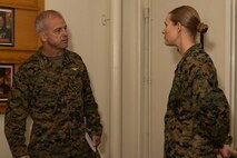 U.S Marine Corps Maj. Gen. James B. Wellons, left, commanding general of 3rd Marine Aircraft Wing, speaks with Maj. Priscilla A. Malone, drill instructor school director, Recruit Training Regiment, Marine Corps Recruit Depot San Diego during a visit at MCRD San Diego and Western Recruiting Region, California, Nov. 18, 2024. Wellons and his staff visited MCRD San Diego to observe training and learn how MCRD-SD and WRR operates. (U.S. Marine Corps photo by Lance Cpl. Janell B. Alvarez)