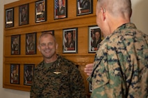 U.S. Marine Corps Maj. Gen. James B. Wellons, left, commanding general of 3rd Marine Aircraft Wing, speaks with Col. Peter M. Rummler, the commanding officer of Recruit Training Regiment, Marine Corps Recruit Depot San Diego during a visit at MCRD San Diego and Western Recruiting Region, California, Nov. 18, 2024. Wellons and his staff visited MCRD San Diego to observe training and learn how MCRD-SD and WRR operates. (U.S. Marine Corps photo by Lance Cpl. Janell B. Alvarez)