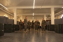 U.S Marine Corps Maj. Gen. James B. Wellons, right, commanding general of 3rd Marine Aircraft Wing, tours drill instructor school during a visit at Marine Corps Recruit Depot San Diego and Western Recruiting Region, California, Nov. 18, 2024. Wellons and his staff visited MCRD San Diego to observe training and learn how MCRD-SD and WRR operates. (U.S. Marine Corps photo by Lance Cpl. Janell B. Alvarez)