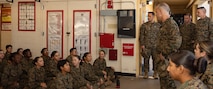 U.S Marine Corps Maj. Gen. James B. Wellons, right, commanding general of 3rd Marine Aircraft Wing, speaks to the new U.S. Marines with Alpha Company, 1st Recruit Training Battalion, during a visit at Marine Corps Recruit Depot San Diego and Western Recruiting Region, California, Nov. 18, 2024. Wellons and his staff visited MCRD San Diego to observe training and learn how MCRD-SD and WRR operates. (U.S. Marine Corps photo by Lance Cpl. Janell B. Alvarez)