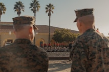 U.S Marine Corps Maj. Gen. James B. Wellons, left, commanding general of 3rd Marine Aircraft Wing, and Col. Peter M. Rummler, right, the commanding officer of Recruit Training Regiment, Marine Corps Recruit Depot San Diego observe recruits with Bravo Company, 1st Recruit Training Battalion during a visit at MCRD San Diego and Western Recruiting Region, California, Nov. 18, 2024.  Wellons and his staff visited MCRD San Diego to observe training and learn how MCRD-SD and WRR operates. (U.S. Marine Corps photo by Lance Cpl. Janell B. Alvarez)