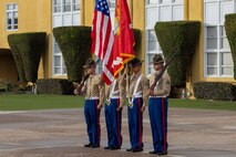 U.S. Marine Corps Recruit Depot San Diego Recruit Training Regiment Color Guard stand at attention during a color’s ceremony at Marine Corps Recruit Depot San Diego, California, Nov. 15, 2024. The morning colors ceremony is conducted to formally raise our nations flag and provide a brief moment to reflect on its meaning. (U.S. Marine Corps photo by Lance Cpl. Jacob B. Hutchinson)