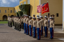 U.S. Marines with Marine Corps Recruit Depot San Diego, and the Western Recruiting Region, participate in a color’s ceremony at Marine Corps Recruit Depot San Diego, California, Nov. 15, 2024. The morning colors ceremony is conducted to formally raise our nations flag and provide a brief moment to reflect on its meaning. (U.S. Marine Corps photo by Lance Cpl. Jacob B. Hutchinson)