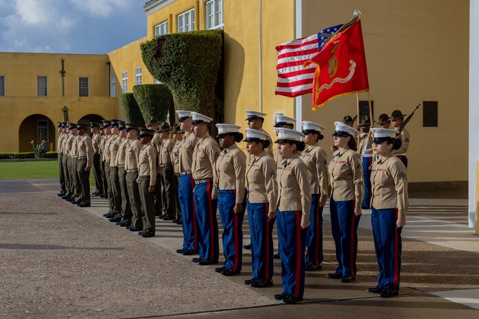 U.S. Marines with Marine Corps Recruit Depot San Diego, and the Western Recruiting Region, participate in a color’s ceremony at Marine Corps Recruit Depot San Diego, California, Nov. 15, 2024. The morning colors ceremony is conducted to formally raise our nations flag and provide a brief moment to reflect on its meaning. (U.S. Marine Corps photo by Lance Cpl. Jacob B. Hutchinson)