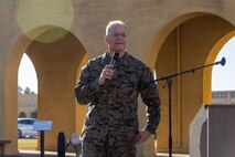 U.S. Navy Chaplain Rear Adm. Carey Cash, chaplain of the Marine Corps, gives a speech during the kick-off to spiritual fitness month at Marine Corps Recruit Depot San Diego, California, Nov. 4, 2024. The Depot celebrated Spiritual Fitness Month, a program implemented to bring inner strength from higher purpose, with a spiritual fitness proclamation signing. MCRDSD is the first Marine Corps base to implement the Spiritual Fitness Month program. (U.S. Marine Corps photo by Cpl. Alexander O. Devereux)