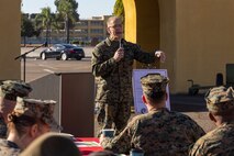 U.S. Navy Chaplain Rear Adm. Carey Cash, chaplain of the Marine Corps, gives a speech during the kick-off to spiritual fitness month at Marine Corps Recruit Depot San Diego, California, Nov. 4, 2024. The Depot celebrated Spiritual Fitness Month, a program implemented to bring inner strength from higher purpose, with a spiritual fitness proclamation signing. MCRDSD is the first Marine Corps base to implement the Spiritual Fitness Month program. (U.S. Marine Corps photo by Cpl. Alexander O. Devereux)