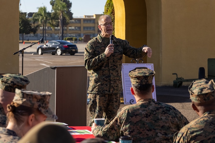 U.S. Navy Chaplain Rear Adm. Carey Cash, chaplain of the Marine Corps, gives a speech during the kick-off to spiritual fitness month at Marine Corps Recruit Depot San Diego, California, Nov. 4, 2024. The Depot celebrated Spiritual Fitness Month, a program implemented to bring inner strength from higher purpose, with a spiritual fitness proclamation signing. MCRDSD is the first Marine Corps base to implement the Spiritual Fitness Month program. (U.S. Marine Corps photo by Cpl. Alexander O. Devereux)
