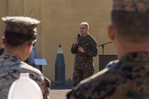 U.S. Navy Chaplain Rear Adm. Carey Cash, chaplain of the Marine Corps, gives a speech during the kick-off to spiritual fitness month at Marine Corps Recruit Depot San Diego, California, Nov. 4, 2024. The Depot celebrated Spiritual Fitness Month, a program implemented to bring inner strength from higher purpose, with a spiritual fitness proclamation signing. MCRDSD is the first Marine Corps base to implement the Spiritual Fitness Month program. (U.S. Marine Corps photo by Cpl. Alexander O. Devereux)
