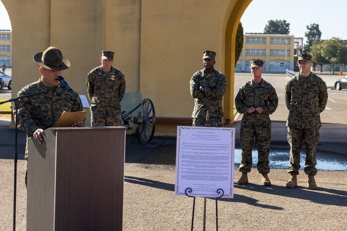 A proclamation of spiritual fitness is read in the presence of U.S. Navy Chaplain Rear Adm. Carey Cash, chaplain of the Marine Corps, and U.S. Marine Corps Brig. Gen. James A. Ryans II, commanding general of Marine Corps Recruit Depot San Diego and the Western Recruiting Region during the kick-off to spiritual fitness month at Marine Corps Recruit Depot San Diego, California, Nov. 4, 2024. The Depot celebrated Spiritual Fitness Month, a program implemented to bring inner strength from higher purpose, with a spiritual fitness proclamation signing. MCRDSD is the first Marine Corps base to implement the Spiritual Fitness Month program. (U.S. Marine Corps photo by Cpl. Alexander O. Devereux)