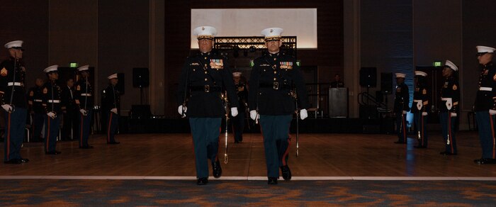 U.S. Marines with Headquarters and Service Battalion, Marine Corps Recruit Depot San Diego, participate as sword detail during a birthday ball ceremony in San Diego, California, Nov. 8, 2024. A celebration of the 249th Marine Corps birthday was held to reflect on the traditions, history and legacy of the Marine Corps. (U.S. Marine Corps photo by Lance Cpl. Janell B. Alvarez)