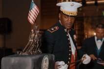 U.S. Marine Corps Brig. Gen. James Ryans II, commanding general of Marine Corps Recruit Depot San Diego and Western Recruiting Region, cuts the cake during a birthday ball ceremony in San Diego, California, Nov. 8, 2024. A celebration of the 249th Marine Corps birthday was held to reflect on the traditions, history and legacy of the Marine Corps. (U.S. Marine Corps photo by Lance Cpl. Janell B. Alvarez)