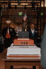 A U.S. Marine Corps Birthday Cake is displayed during a birthday ball ceremony in San Diego, California, Nov. 8, 2024. A celebration of the 249th Marine Corps birthday was held to reflect on the traditions, history and legacy of the Marine Corps. (U.S. Marine Corps photo by Lance Cpl. Janell B. Alvarez)