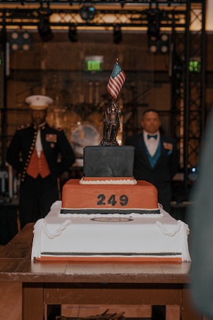 A U.S. Marine Corps Birthday Cake is displayed during a birthday ball ceremony in San Diego, California, Nov. 8, 2024. A celebration of the 249th Marine Corps birthday was held to reflect on the traditions, history and legacy of the Marine Corps. (U.S. Marine Corps photo by Lance Cpl. Janell B. Alvarez)