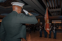 U.S. Marine Corps Brig. Gen. James Ryans II, the commanding general of Marine Corps Recruit Depot San Diego and Western Recruiting Region, salutes the colors during a birthday ball ceremony in San Diego, California, Nov. 8, 2024. A celebration of the 249th Marine Corps birthday was held to reflect on the traditions, history and legacy of the Marine Corps. (U.S. Marine Corps photo by Lance Cpl. Janell B. Alvarez)