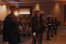 U.S. Marine Corps Lt. Col. Wayne Williams, an operations officer with Headquarters and Service Battalion, Marine Corps Recruit Depot San Diego, participates in a sword detail during a birthday ball ceremony in San Diego, California, Nov. 8, 2024. A celebration of the 249th Marine Corps birthday was held to reflect on the traditions, history and legacy of the Marine Corps. (U.S. Marine Corps photo by Lance Cpl. Janell B. Alvarez)