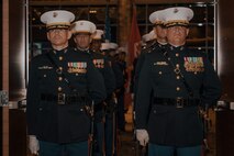 U.S. Marines with Marine Corps Recruit Depot San Diego, stand at parade rest prior to a birthday ball ceremony in San Diego, California, Nov. 8, 2024. A celebration of the 249th Marine Corps birthday was held to reflect on the traditions, history and legacy of the Marine Corps. (U.S. Marine Corps photo by Lance Cpl. Janell B. Alvarez)