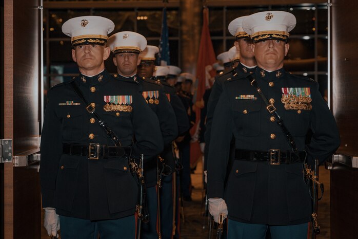 U.S. Marines with Marine Corps Recruit Depot San Diego, stand at parade rest prior to a birthday ball ceremony in San Diego, California, Nov. 8, 2024. A celebration of the 249th Marine Corps birthday was held to reflect on the traditions, history and legacy of the Marine Corps. (U.S. Marine Corps photo by Lance Cpl. Janell B. Alvarez)