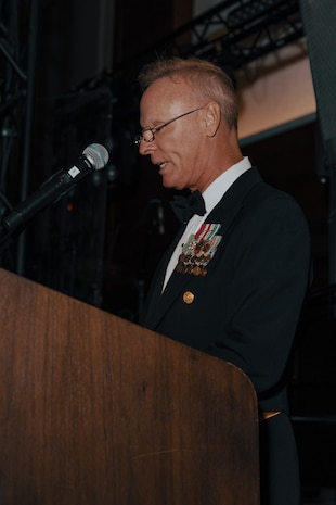 U.S. Navy Capt. Michael Hall, the assistant chief of staff for religious ministries of the Western Recruiting Region and the Marine Corps Recruit Depot San Diego delivers the invocation during a birthday ball ceremony in San Diego, California, Nov. 8, 2024. A celebration of the 249th Marine Corps birthday was held to reflect on the traditions, history and legacy of the Marine Corps. (U.S. Marine Corps photo by Lance Cpl. Janell B. Alvarez)