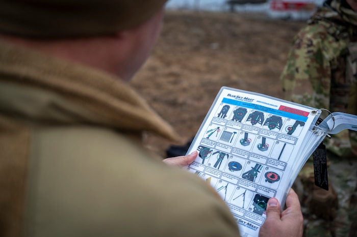 Airmen with the 821st Contingency Response set up a communication antenna during a part task trainer at the Global Readiness Deployment Center on Travis Air Force Base, California, Nov. 21, 2024.