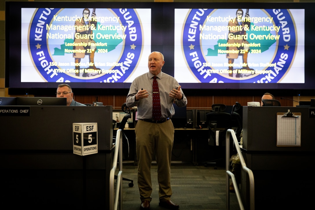 Mr. Brian Stafford speaks to local leaders from Leadership Frankfort  on Boone National Guard Center in Frankfort, Kentucky on Nov. 21, 2024.  The Kentucky National Guard invited the group Leadership Frankfort to engage with local commerce leaders on the dual mission of the National Guard. (U.S. Army National Guard photos by Andy Dickson)