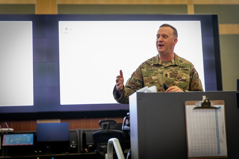 Sgt. Maj. Jason Rhodes speaks to local leaders from Leadership Frankfort  on Boone National Guard Center in Frankfort, Kentucky on Nov. 21, 2024.  The Kentucky National Guard invited the group Leadership Frankfort to engage with local commerce leaders on the dual mission of the National Guard. (U.S. Army National Guard photos by Andy Dickson)