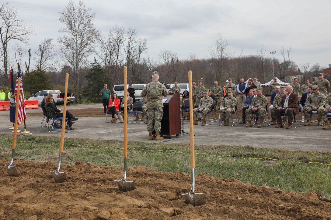 The Adjutant General for Kentucky, Maj. Gen. Hal Lamberton, speaks during the groundbreaking ceremony of the new maintenance facility at the Burlington Readiness Center in Northern Kentucky Nov. 18, 2024. The new facility will include wide maintenance bays, storage and administration space capable of sustaining modern military vehicles and equipment in Kentucky’s fastest growing area for population. (U.S. Army National Guard photo by Sgt. 1st Class Benjamin Crane)