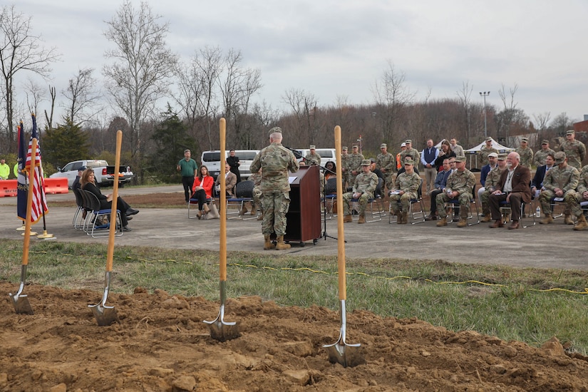 The Adjutant General for Kentucky, Maj. Gen. Hal Lamberton, speaks during the groundbreaking ceremony of the new maintenance facility at the Burlington Readiness Center in Northern Kentucky Nov. 18, 2024. The new facility will include wide maintenance bays, storage and administration space capable of sustaining modern military vehicles and equipment in Kentucky’s fastest growing area for population. (U.S. Army National Guard photo by Sgt. 1st Class Benjamin Crane)